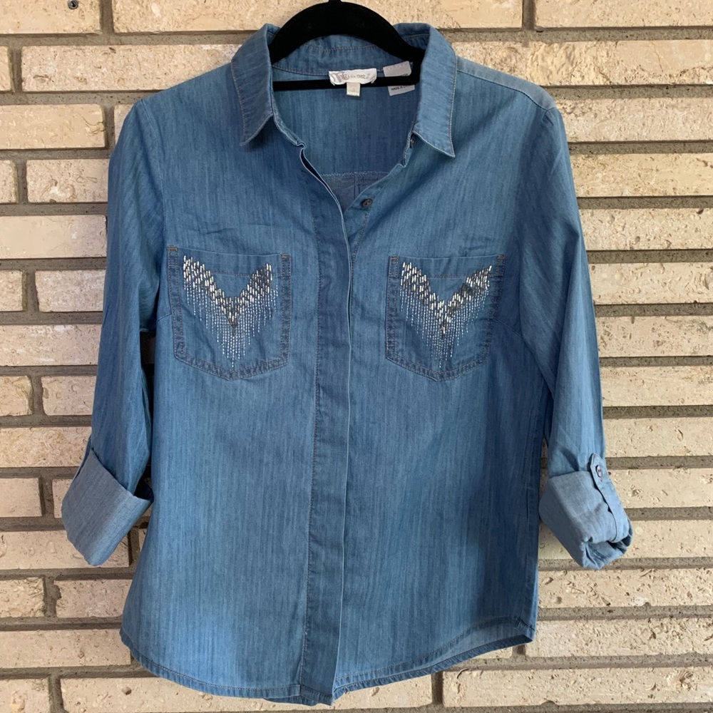{Miss Me} Embellished Denim Buttondown
